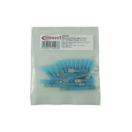 Wiring Connectors - Blue - 6.3mm Male Heat Shrink Slide-on - Pack Of 25