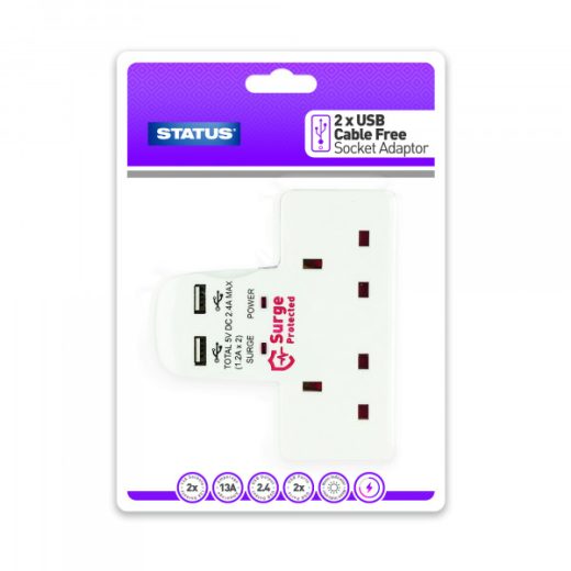 Status 2 Way White Cable-Free White Extension Plug Socket.  Includes 2 x USB Ports.  1 item on a Blister card