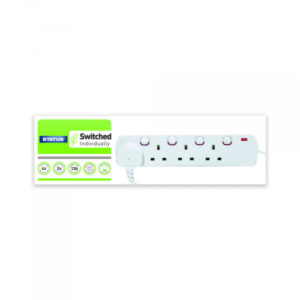 Status 4 way White Individually Switched Extension Socket. 2 metre lead with plug. Neon Indicator